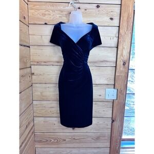 Together Vintage 90s Navy Blue Velvet Ruched Surplice V-Neck Cocktail Dress 12
